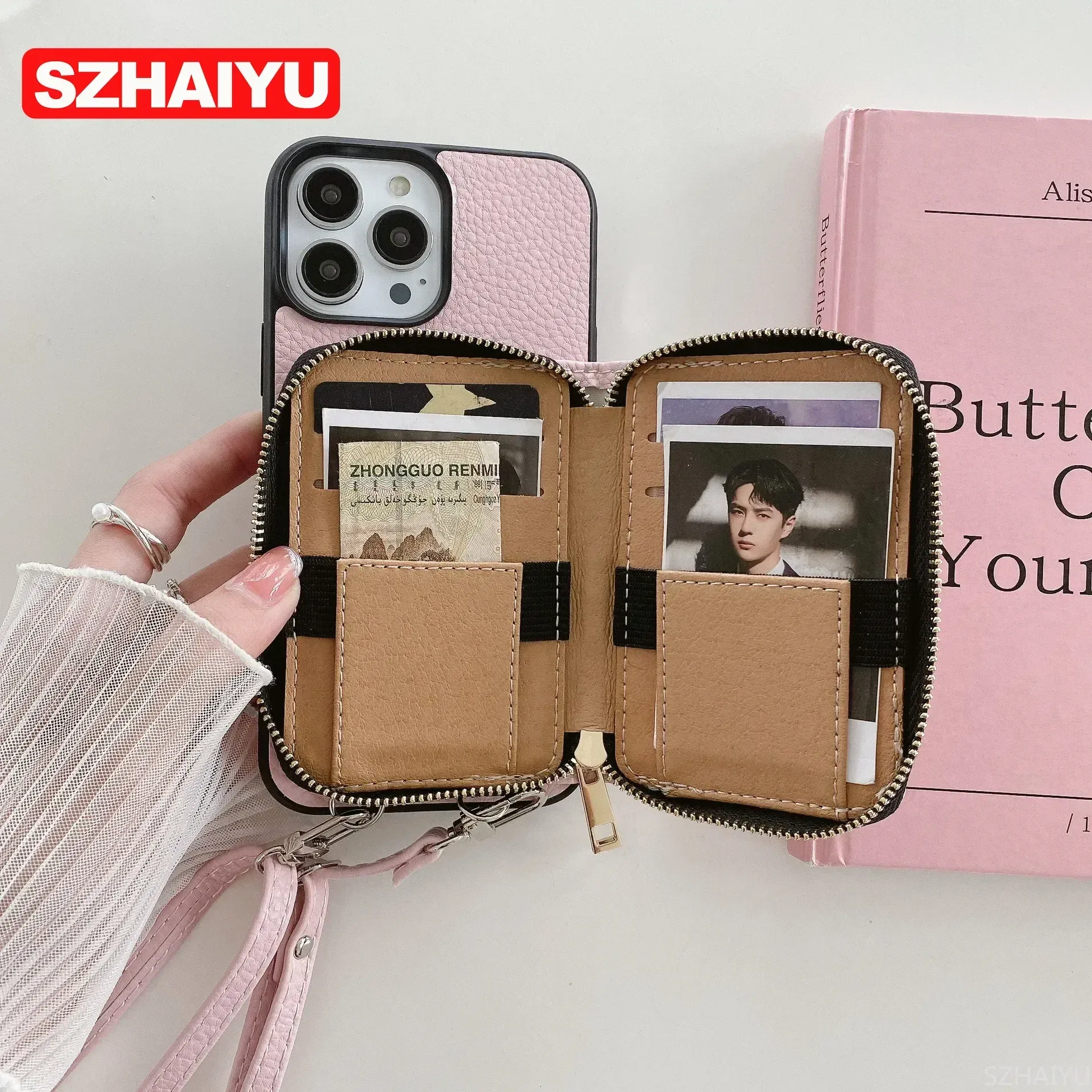 Material: PP, Color: army green - Zipper Wallet Phone Case For iPhone 16 15 14 13 12 Mini 11 Pro XS Max X Plus Card Slot Holder Crossbody Lanyard Leather Cover