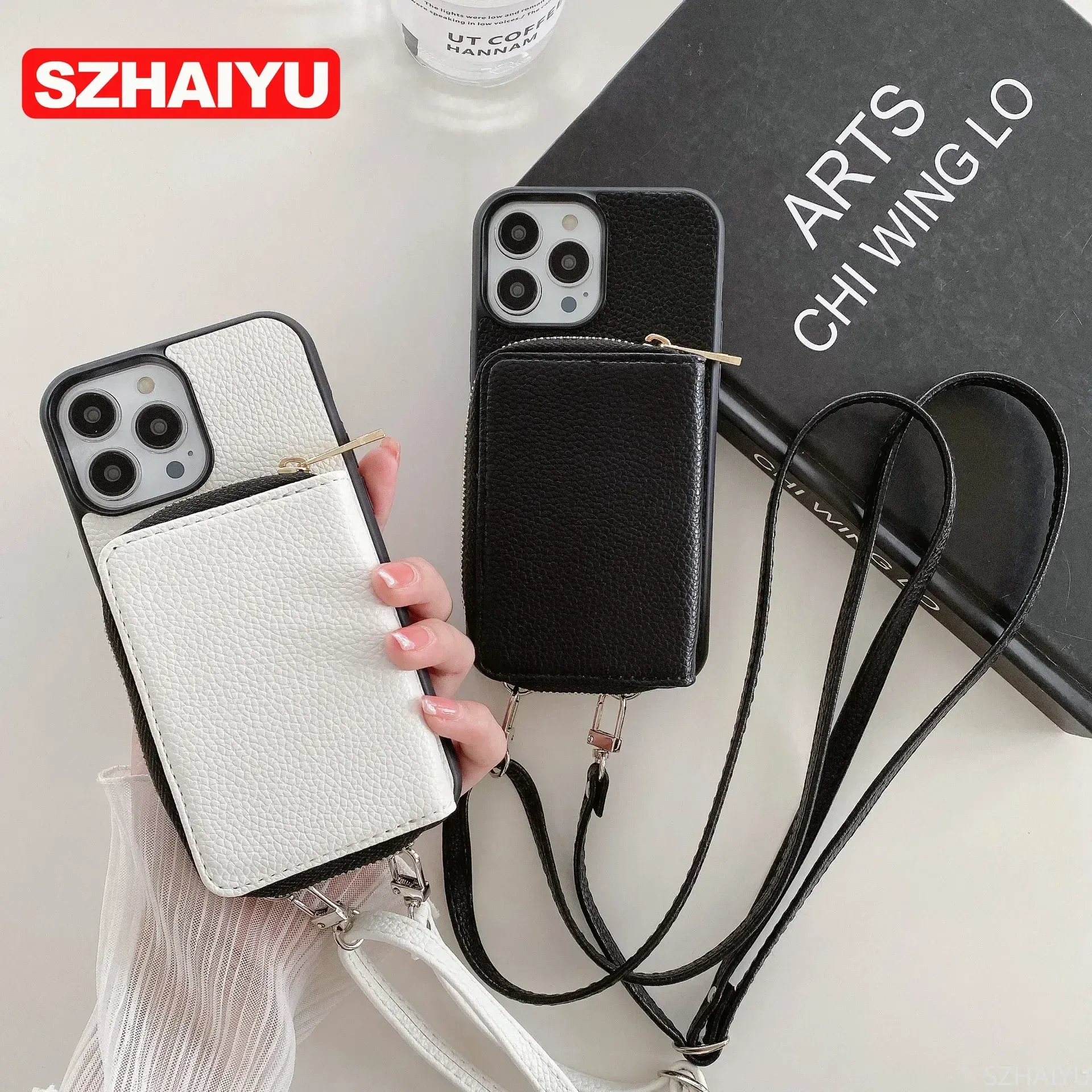 Material: PP, Color: army green - Zipper Wallet Phone Case For iPhone 16 15 14 13 12 Mini 11 Pro XS Max X Plus Card Slot Holder Crossbody Lanyard Leather Cover