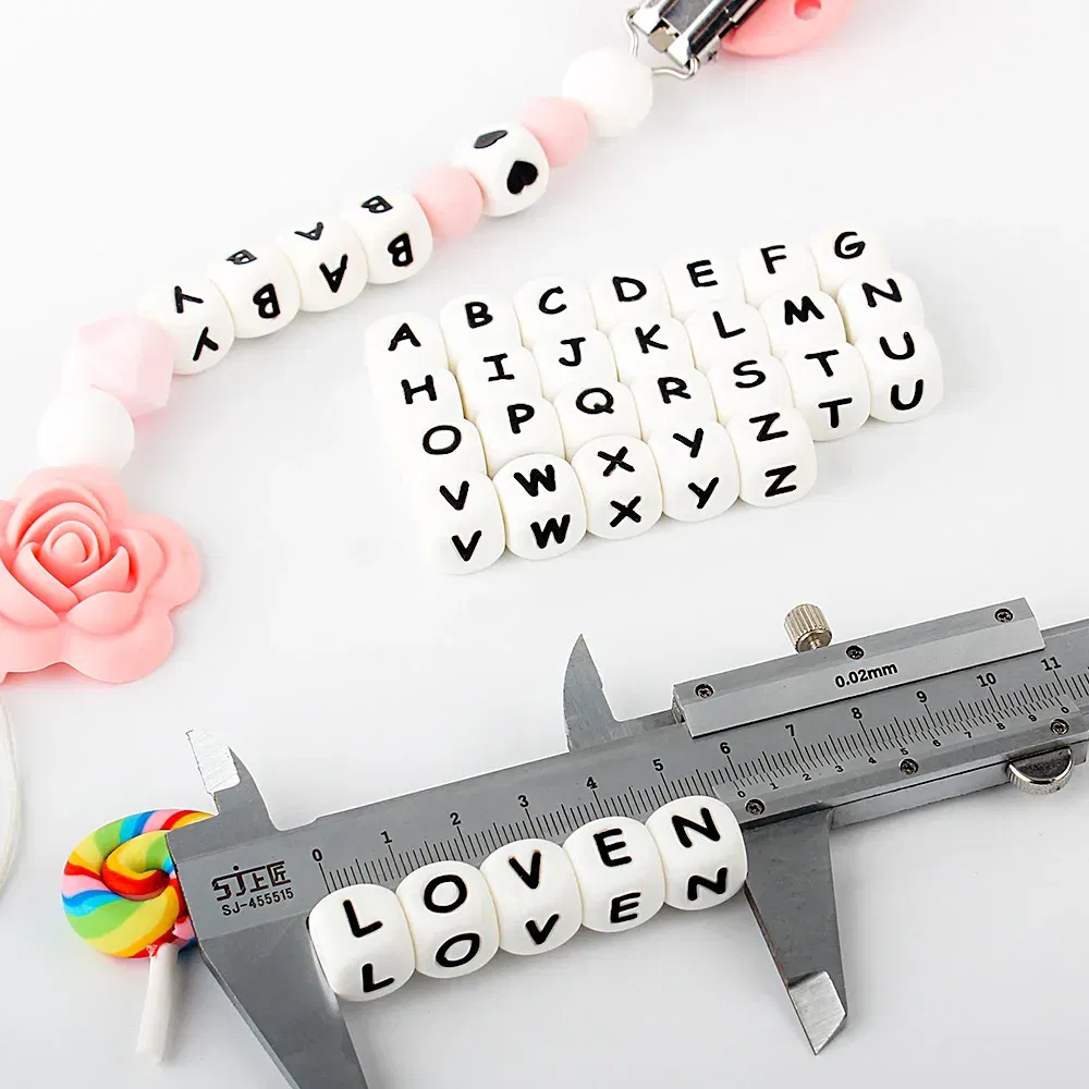 Color: Blue - 10pcs 12mm Baby Silicone Letters Beads for Pacifier Clips Alphabet Bead Baby Chew Teething Teether Nursing Children Gifts 100Pcs