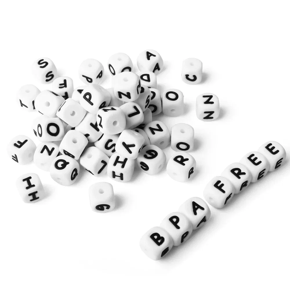Color: Blue - 10pcs 12mm Baby Silicone Letters Beads for Pacifier Clips Alphabet Bead Baby Chew Teething Teether Nursing Children Gifts 100Pcs
