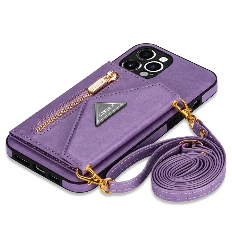 Color: black, Material: Genuine Leather - Wallet Side Card Zipper Flip Crossbody Leather Case For iPhone 15 14 Pro Max 13 Mini 12 11 SE 2022 2020 X XS XR 8 7 6 6s Plus