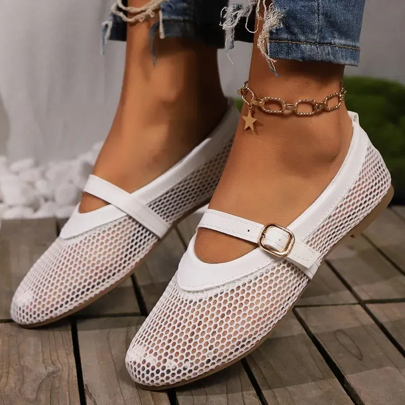 Color: WHITE, Shoe Size: 39 - Round head one buckle strap ballet shoes women's soft bottom flat hollow Mary Jane single fishing net shoes