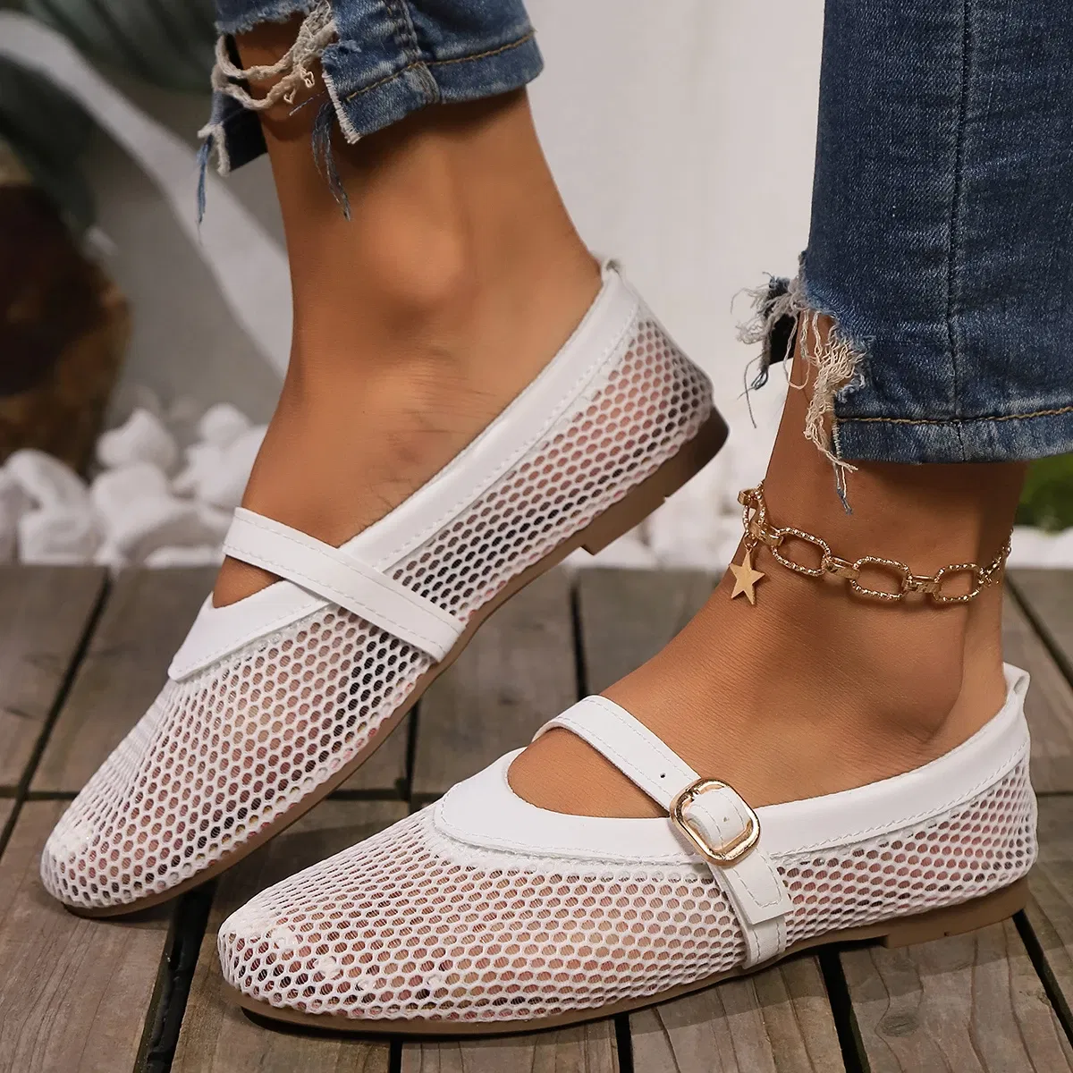 Color: WHITE, Shoe Size: 39 - Round head one buckle strap ballet shoes women's soft bottom flat hollow Mary Jane single fishing net shoes