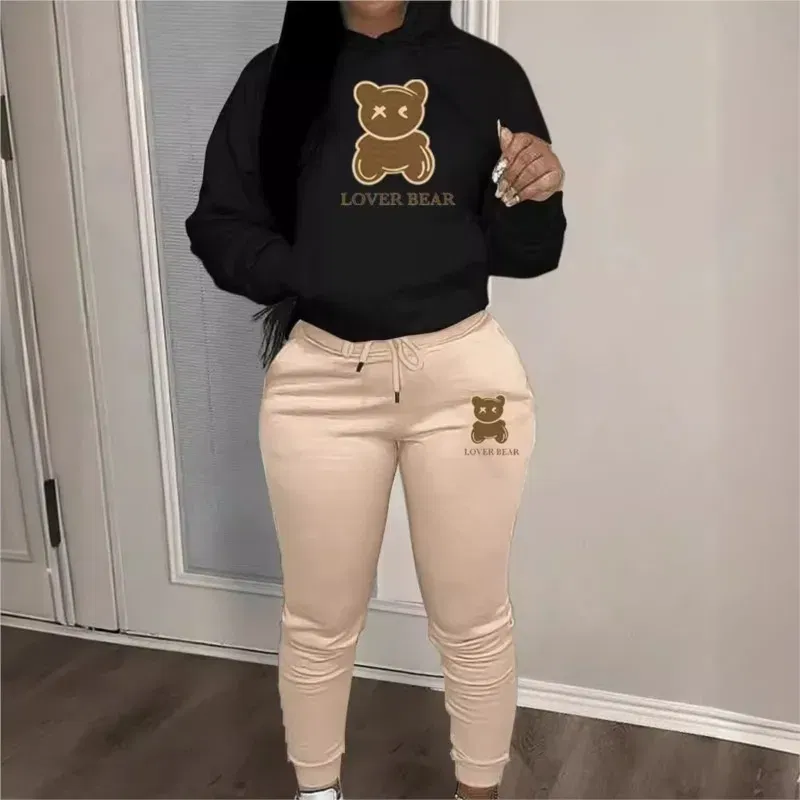 Color: green, Size: M - 2 Piece Set Women Outfit Letter Bear Print Hooded Neck Hoodies Sweatshirt Pants Tracksuit 2024 Plus Size Streetwear Casual Suit