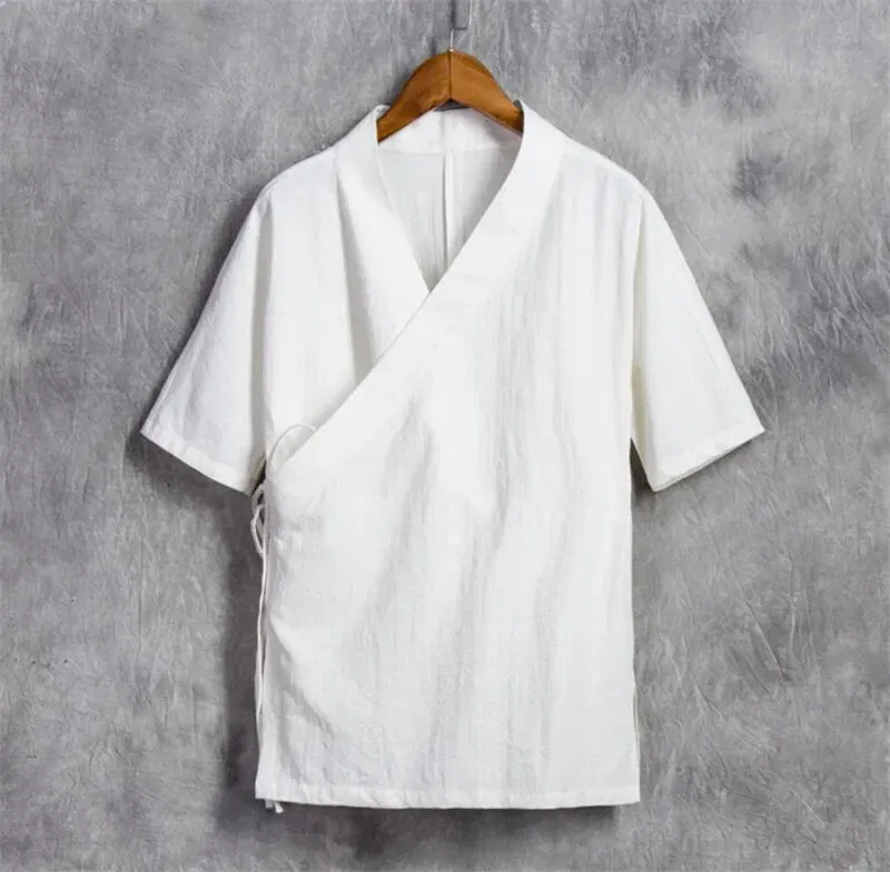 Color: WHITE, Size: 5XL - Men Cotton Linen Short sleeve Kung Fu Shirt Classic Chinese Style Tang Clothing Size M-6XL