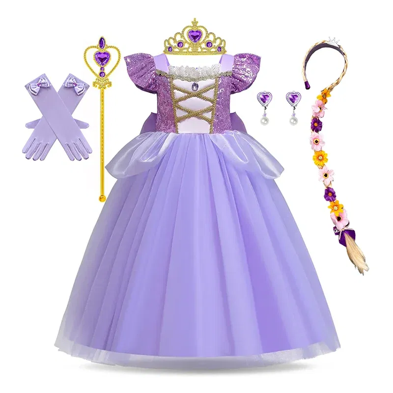 Color: Gold, Kid Size: 13 - Disney Deluxe Elegant Rapunzel Princess Ball Gown Fancy Birthday Party Dress Cinderella Vestidos Costume Play Carnival Apparel