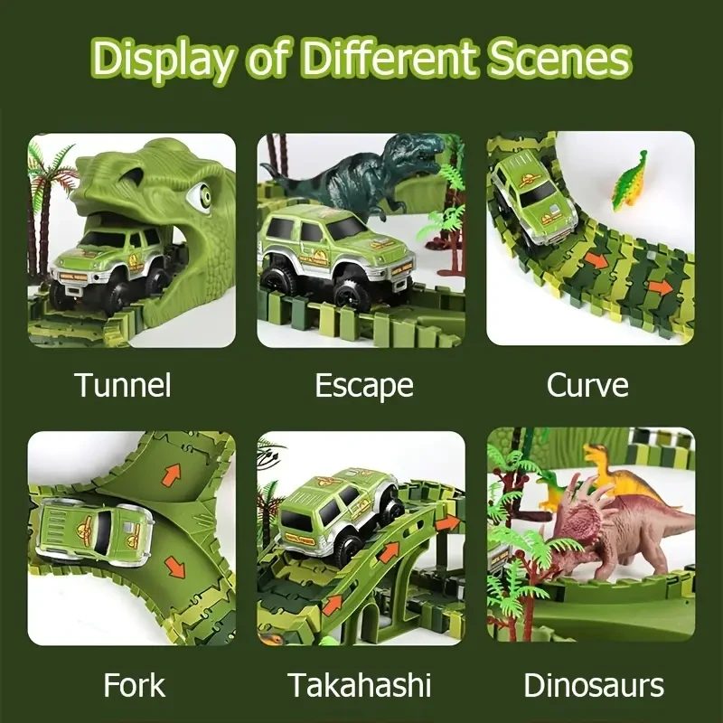 Boys' Dinosaur Track & Electric Car Playset - DIY Jurassic Racing Kit with Non-Rechargeable AA Batteries, Ideal Gift for Youngsters