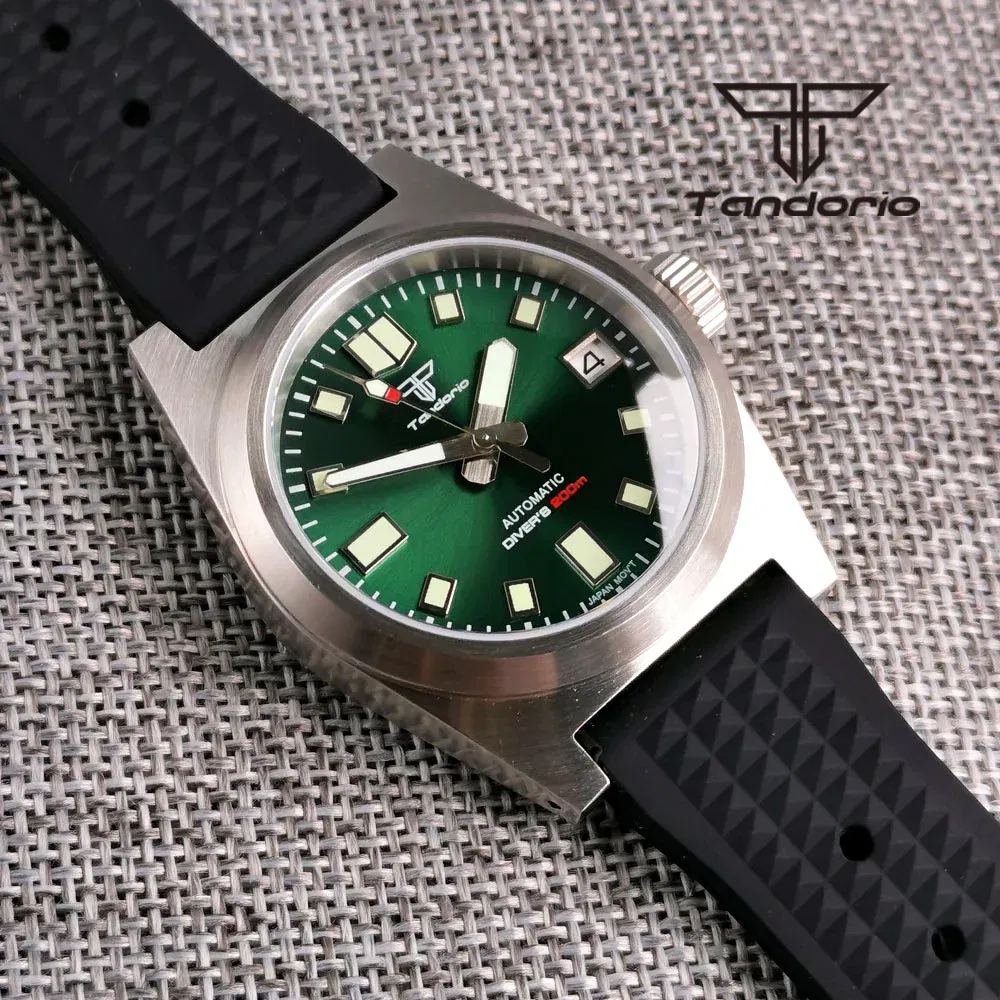 Color: Rose - Tandorio Black/Blue/Green Sunburst Dial NH35A 38mm Automatic Men's Watch 200M Brushed Case AR Sapphire Crystal Rubber Strap