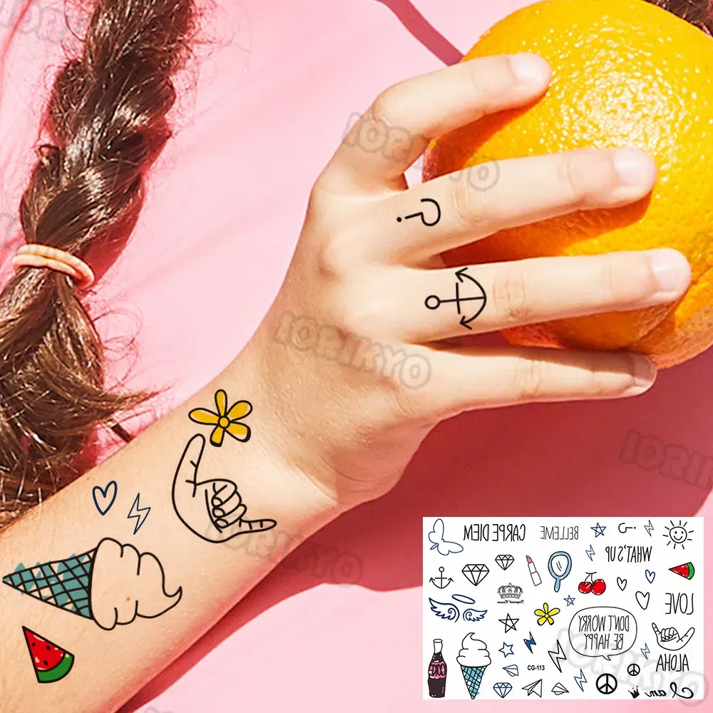 Color: grape purple - Summer Style Temporary Tattoos For Kids Adult Boy Girl Fake Ice cream Tattoo Sticker Small Rock Flower Heart Tatoos Hands Finger