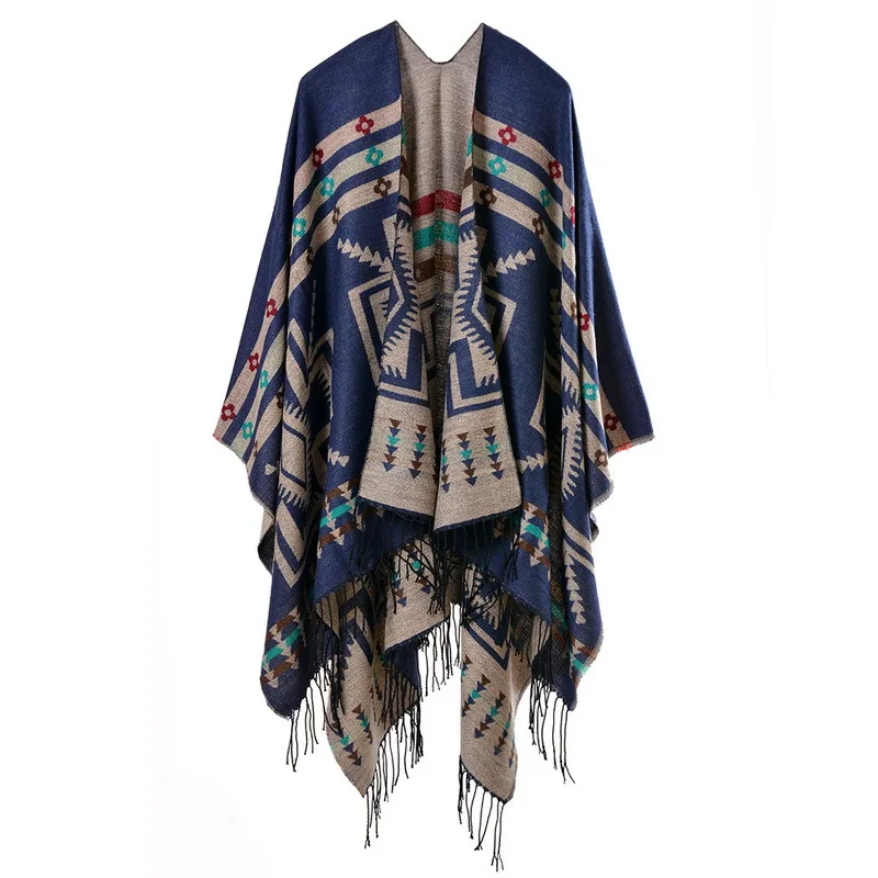 Color: SKY BLUE, Size: One Size, Ships From: CHINA - European American Popular Tassel Thickened Cashmere Like National Style Travel Fork Shawl Scarf in autumn Ponchos Capes