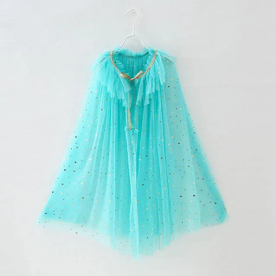 Color: SKY BLUE, Kid Size: 8T - Little Girls Sequins Tulle Cape Children Princess Party Dress Up Cloaks Summer Thin Blue Pink White Halloween Birthday Costumes