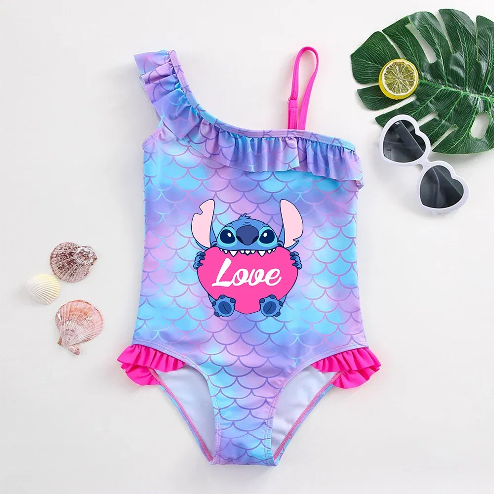 Color: DEEP BLUE, Size: S - Stitch Girls Swimsuit Fashion Mermaid Fish Scale One-Piece Bathing Suits Children's Dresses Summer Swimwear Beach Suit Kids Wear