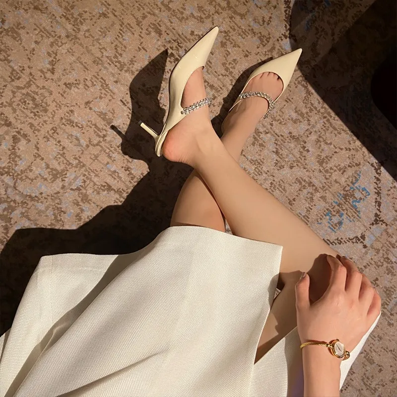 Color: WHITE, Shoe Size: 39, Ships From: CHINA - Elegant Leather Mules Pointed Toe Stylish Rhinestone Embellished High Heel Sandals Sophisticated Party Evening Shoes Footwear