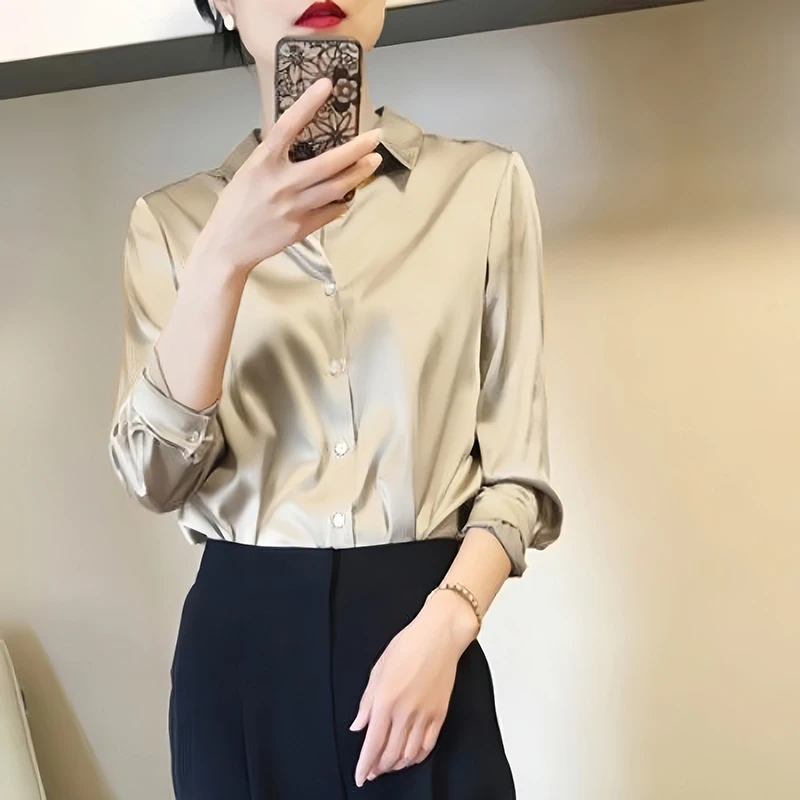 Color: Blue, Size: XL - All-match Satin Finish Shirts And Blouses Women Clothing Casual Top OL Long Sleeve Button Elegant Shirts French Solid Blouses
