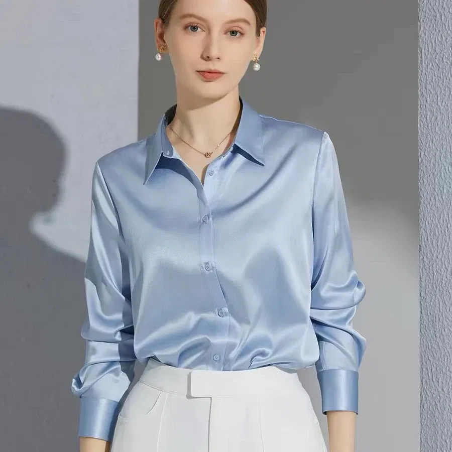 Color: Blue, Size: XL - All-match Satin Finish Shirts And Blouses Women Clothing Casual Top OL Long Sleeve Button Elegant Shirts French Solid Blouses