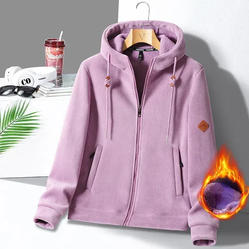 Color: PURPLE, Size: XXXL - Winter Warm Cashmere Jacket Mens High-end Ski Fleece Iined Thickened Hoodie Coat Casual Womens Outdoor Camping Cold-proof Jacket