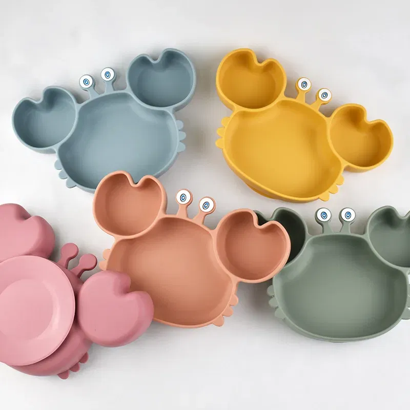 Color: Beige, Ships From: CHINA - Baby Bowls Plates Fork spoon Set Silicone Suction Feeding Food Tableware BPA Free Non-Slip Baby Dishes Crab Food Feeding Bowl
