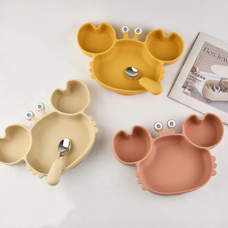Color: Beige, Ships From: CHINA - Baby Bowls Plates Fork spoon Set Silicone Suction Feeding Food Tableware BPA Free Non-Slip Baby Dishes Crab Food Feeding Bowl