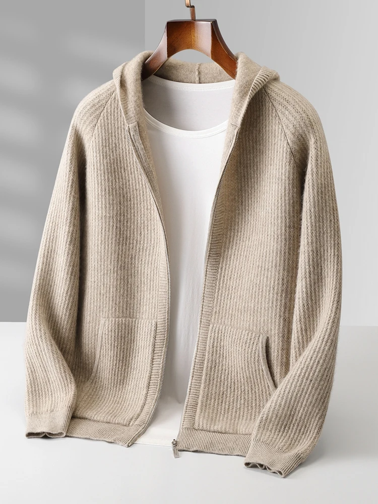 Color: black, Size: M - Daily Clothes Autumn Winter Sweater Men's Coat 100% Merino Wool Sweater Cardigan Knitted Jacket Thicked Hooded Outerwears Trend