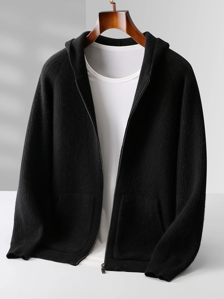 Color: black, Size: M - Daily Clothes Autumn Winter Sweater Men's Coat 100% Merino Wool Sweater Cardigan Knitted Jacket Thicked Hooded Outerwears Trend