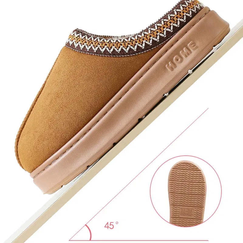 Color: Brown, Shoe Size: 42-43 - Comfort Thick Bottom Cotton Slippers Women 2025 Winter Warm Thick Plush Non Slip Furry Clogs Shoes Embroidery Suede Snow Boots