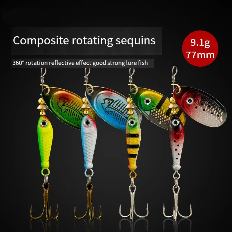 Color: Black & White Lable - Rotating Metal Spinner Fishing Lures 9.1g 7cm Sequins Iscas Artificial Hard Baits Crap Bass Pike Treble Hook Tackle Accessories