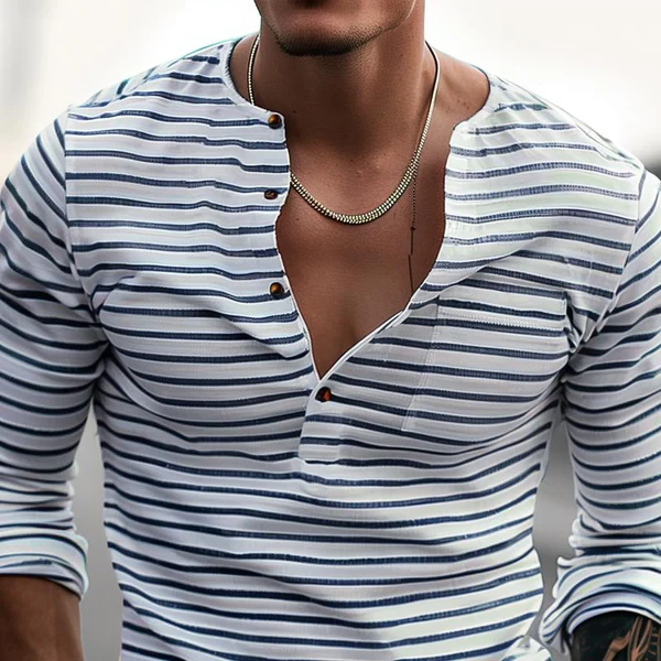 Men's Casual Striped Henley Collar Long Sleeve T-shirt