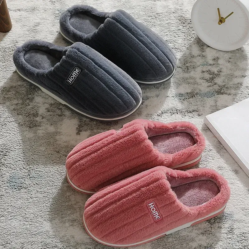 Color: GRAY, Shoe Size: 48-49 - New Men Big Size 48 49 Winter Warm Slippers Women Soft Plush Furry Shoes Casual Flats Home Couples Bedroom Anti-Slip Slides