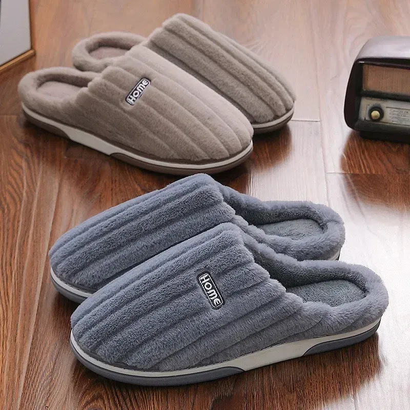 Color: GRAY, Shoe Size: 48-49 - New Men Big Size 48 49 Winter Warm Slippers Women Soft Plush Furry Shoes Casual Flats Home Couples Bedroom Anti-Slip Slides