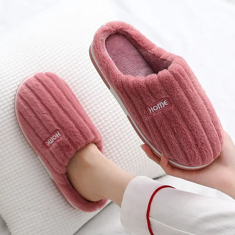 Color: GRAY, Shoe Size: 48-49 - New Men Big Size 48 49 Winter Warm Slippers Women Soft Plush Furry Shoes Casual Flats Home Couples Bedroom Anti-Slip Slides