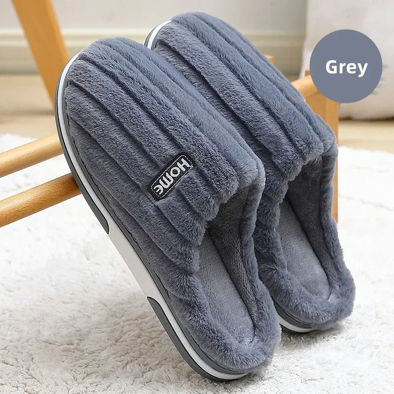 Color: GRAY, Shoe Size: 48-49 - New Men Big Size 48 49 Winter Warm Slippers Women Soft Plush Furry Shoes Casual Flats Home Couples Bedroom Anti-Slip Slides