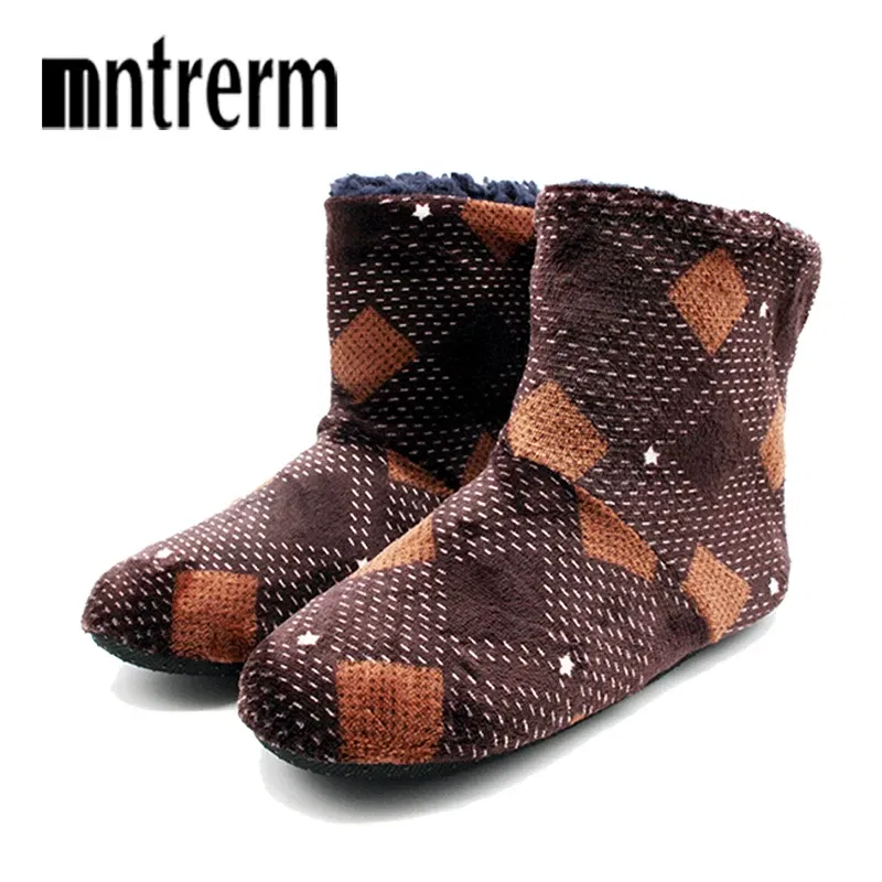 Color: GRAY, Shoe Size: 41 - Mntrern Casual Men Shoes Home Slippers Lattice Soft Plush Male House Slippers Warm Winter New Cotton Slippers Shoes Men Big Size