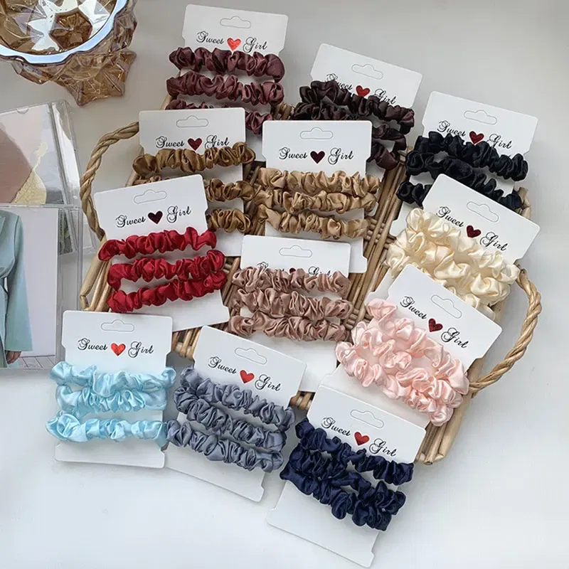 Color: Ivory - Free Shipping 3PCS/Set Satin Silky Scrunchies Hair Rope Luxury Solid Color Elastic Hair Bands Women Hair Accessories Headwear