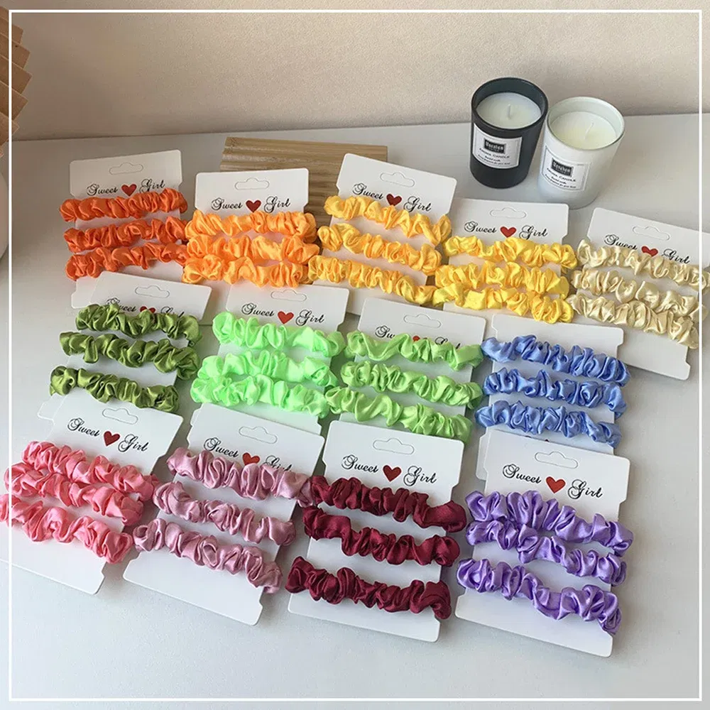 Color: Ivory - Free Shipping 3PCS/Set Satin Silky Scrunchies Hair Rope Luxury Solid Color Elastic Hair Bands Women Hair Accessories Headwear