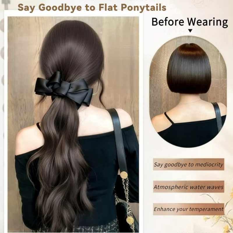 Color: #30, Stretched Length: 18inches - Elegant Synthetic Silk Bowknot Banana Claw Clip Ponytail Wig With Grab Clip Long Wavy Layered Ponytail for Women Daily Use