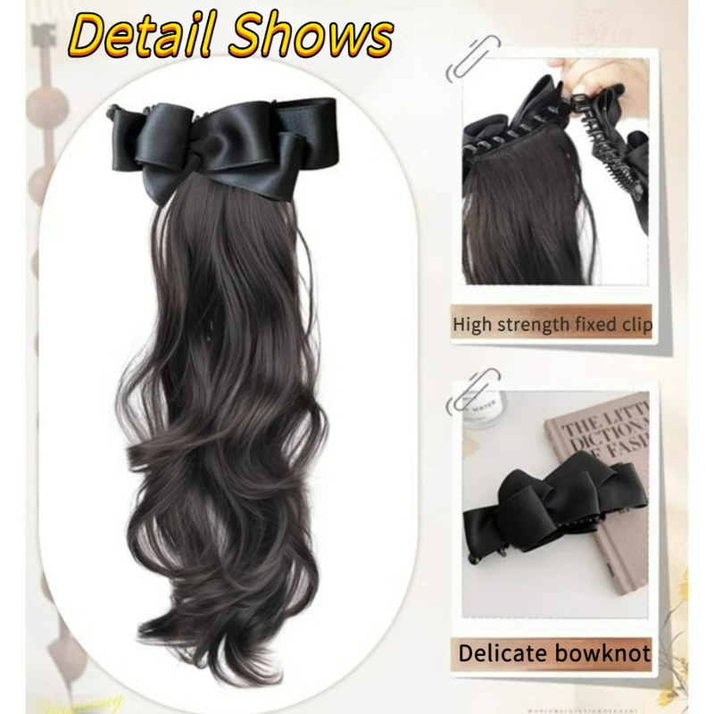 Color: #30, Stretched Length: 18inches - Elegant Synthetic Silk Bowknot Banana Claw Clip Ponytail Wig With Grab Clip Long Wavy Layered Ponytail for Women Daily Use