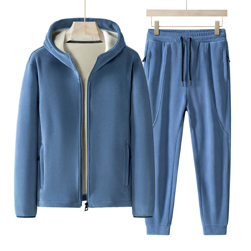 Color: Blue, Size: XL - Plus Size 7xl 8xl Men's 2pcs Tracksuit Sets Winter Warm Polar Fleece Liner Jacket+pants Set Men Casual Thick Sportswear Clothes