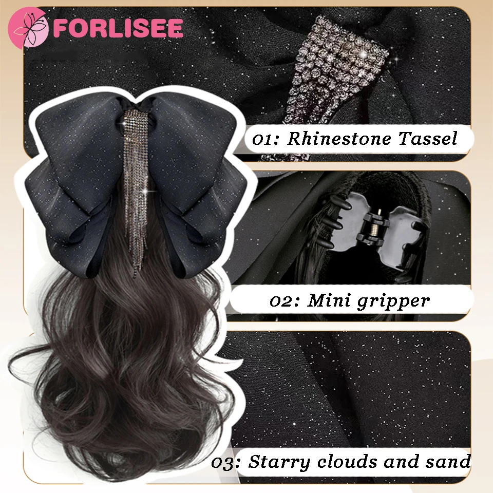 Color: T4/27/30 - Synthetic Tassel Bow Claw Clip Ponytail Temperament Slightly Curly Hair Natural Heat-resistant Chemical Fiber Wig Ponytail