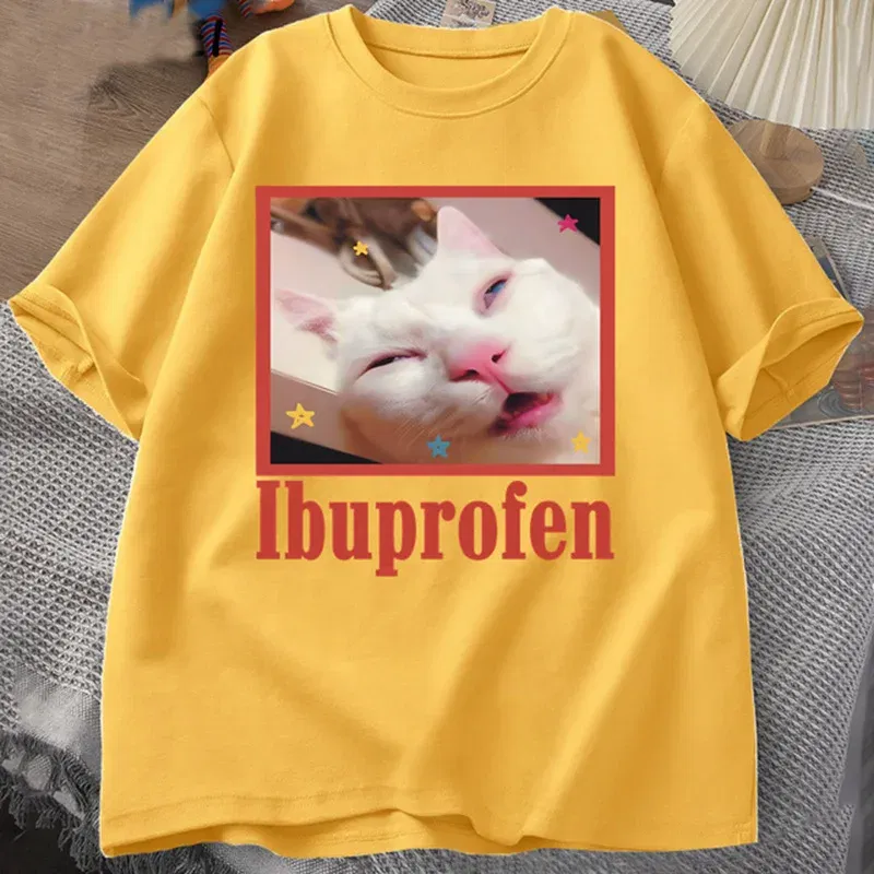 Color: Khaki, Size: M - Ibuprofen Cat Meme Tshirt Funny Cat Graphic Tee Cute Cat Lover Cotton T-Shirt Casual Funny T Shirts Unisex Oversized Tshirt Tee