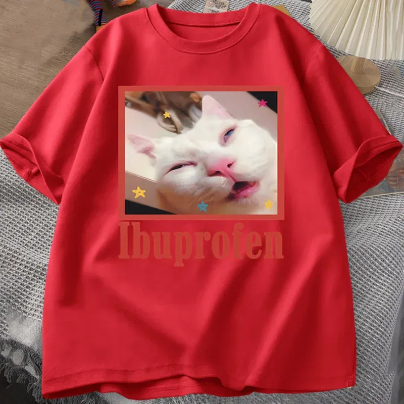 Color: Khaki, Size: M - Ibuprofen Cat Meme Tshirt Funny Cat Graphic Tee Cute Cat Lover Cotton T-Shirt Casual Funny T Shirts Unisex Oversized Tshirt Tee