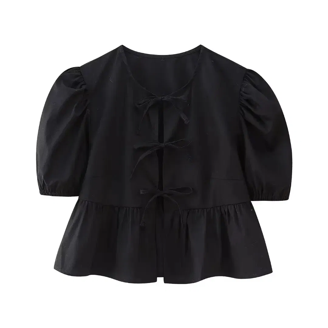 Color: black, Size: L - TRAFZA Fashion Solid Hollow Out Shirt Women Causal O Neck Short Sleeved Lace Up Tops Chic Female Casual Blouse Streetwear 2024