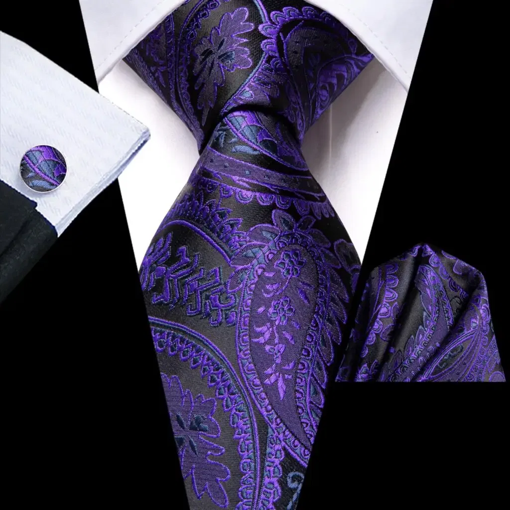 Color: Apricot - Hi-Tie Purple Paisley Silk Elegent Tie for Men Novelty Design Handky cufflink Tie Set Party Business Wedding Dropshipping