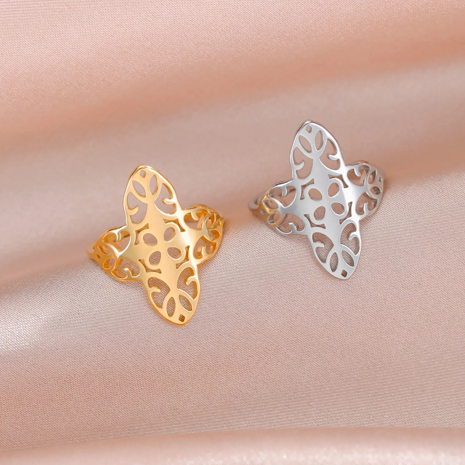 Main Stone Color: Gold, Ring Size: 7 - Skyrim Filigree Ring Stainless Steel Gold Color Elegant Finger Rings Women Bohemian Jewelry Wedding Band Gift Wholesale