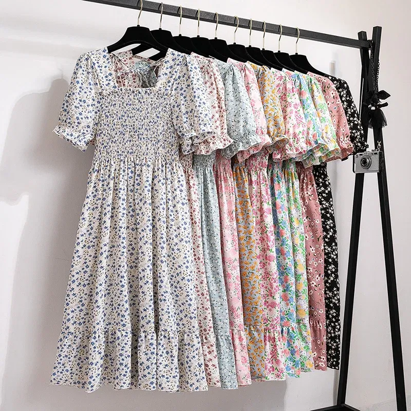 Color: Silver, Size: One Size - Summer Pleated Women Chiffon Dresses Casual Beach Holiday Short Sleeve Square Collar Woman Midi Dress Bohemian Mujer Vestidos