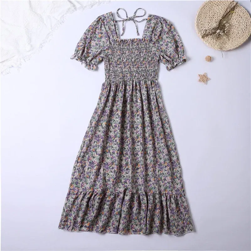 Color: Silver, Size: One Size - Summer Pleated Women Chiffon Dresses Casual Beach Holiday Short Sleeve Square Collar Woman Midi Dress Bohemian Mujer Vestidos