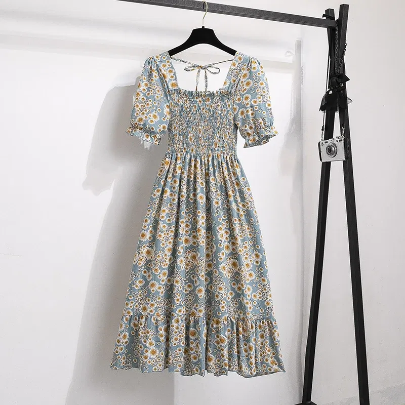 Color: Silver, Size: One Size - Summer Pleated Women Chiffon Dresses Casual Beach Holiday Short Sleeve Square Collar Woman Midi Dress Bohemian Mujer Vestidos