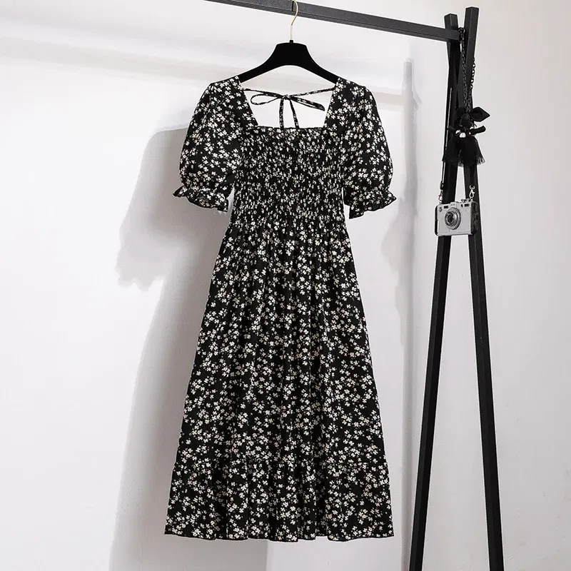 Color: Silver, Size: One Size - Summer Pleated Women Chiffon Dresses Casual Beach Holiday Short Sleeve Square Collar Woman Midi Dress Bohemian Mujer Vestidos