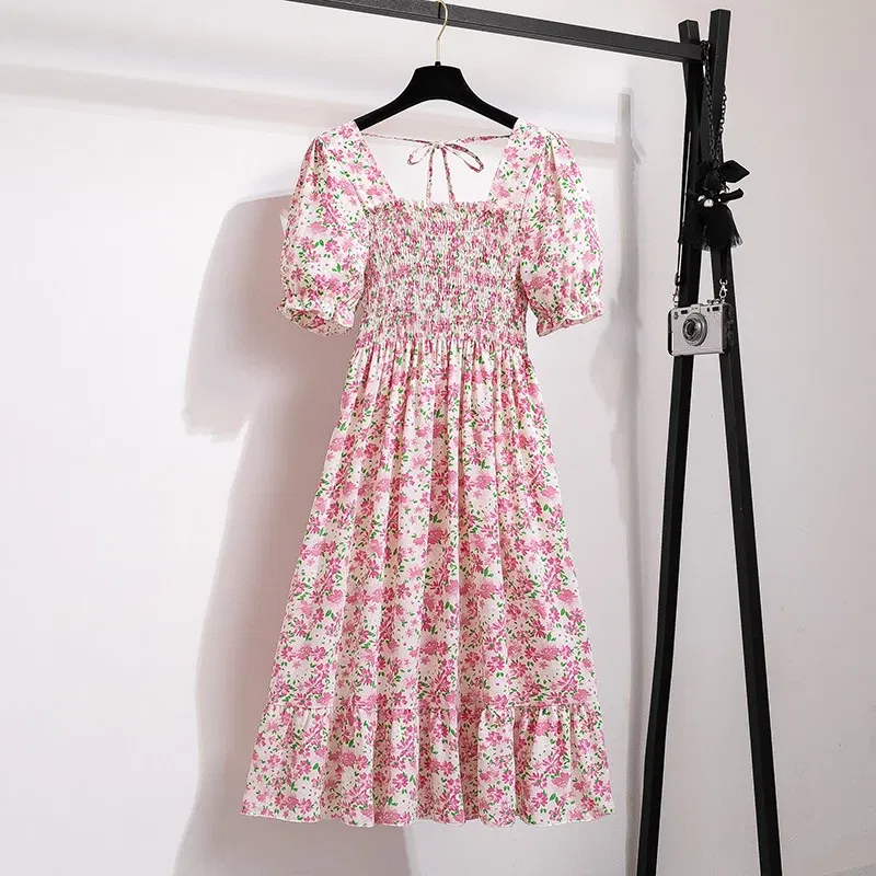 Color: Silver, Size: One Size - Summer Pleated Women Chiffon Dresses Casual Beach Holiday Short Sleeve Square Collar Woman Midi Dress Bohemian Mujer Vestidos
