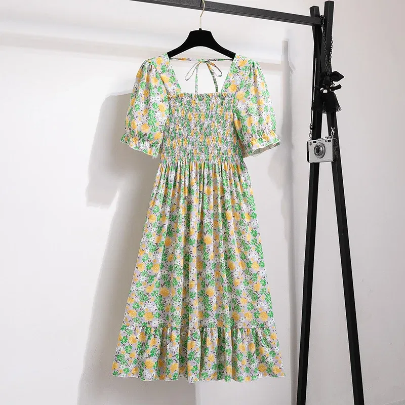 Color: Silver, Size: One Size - Summer Pleated Women Chiffon Dresses Casual Beach Holiday Short Sleeve Square Collar Woman Midi Dress Bohemian Mujer Vestidos
