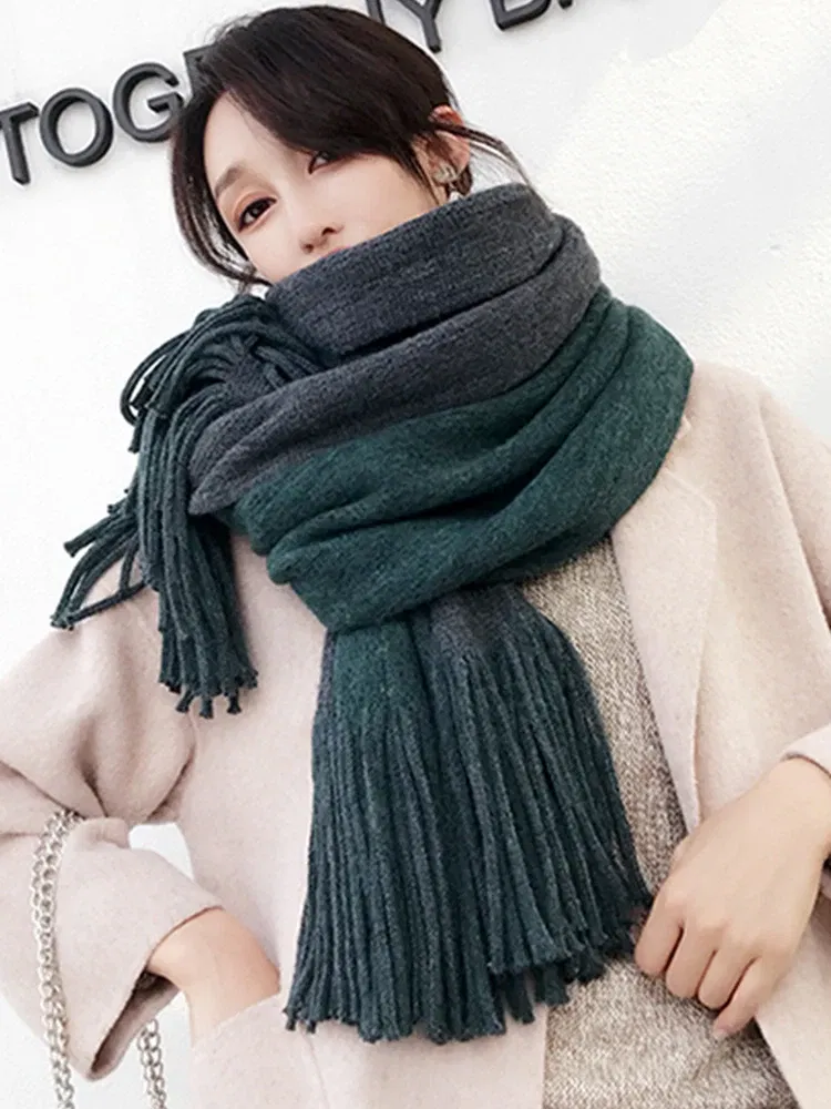 Color: Black Green, Size: One Size - New Knitted Solid Double-Sided Scarf Headscarf Winter Women Lady Men Preppy Style Soft Warm Scarve Mujer Femme Male Wrap Shawl